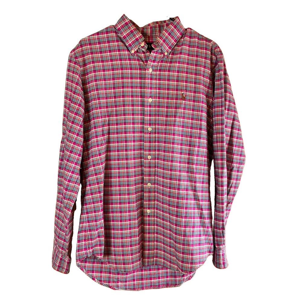 Raplh Lauren Mens Dark Pink Plaid Button Down Long Sleeve Shirt Size Medium